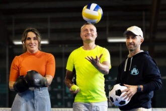 Sophie Reuter -- ,Birgit Nössing (Eurosport). Kai Wilhelm und Manuel Forster bei der Vorstellung der App MySportFriend